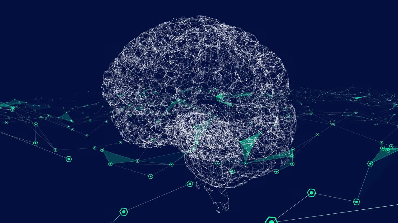 Animation of data processing and brain on black background