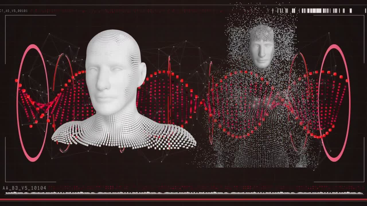 폭발하는 입자로 형성된 인체로 dna 가닥의 애니메이션과 데이터 처리가