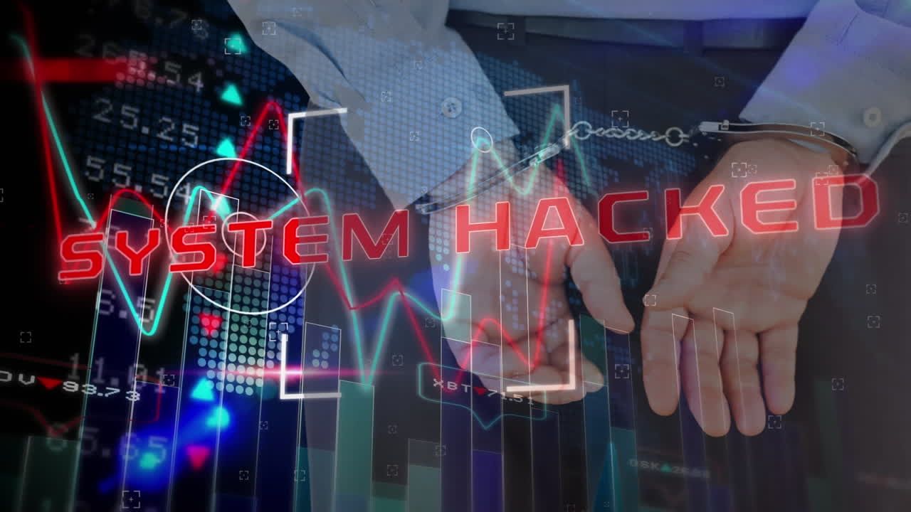 Animation of data processing over businessman in handcuffs
