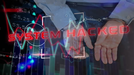 animation of data processing over businessman in handcuffs