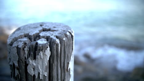 Alte-Trockene-Holzsäule-In-Der-Nähe-Der-Küste-Mit-Plätschernden-Wellen-Im-Sommer