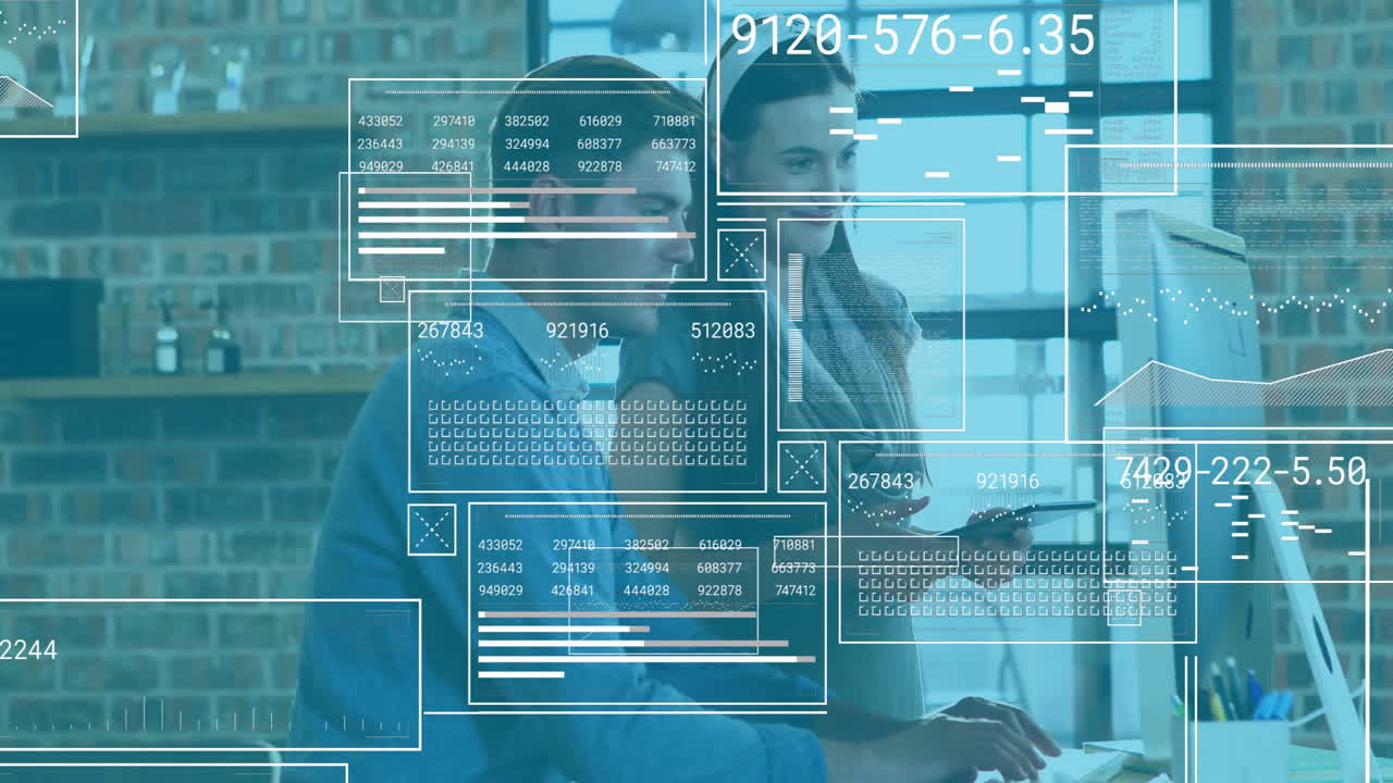 Analyzing data and coding animation over diverse business professionals in office