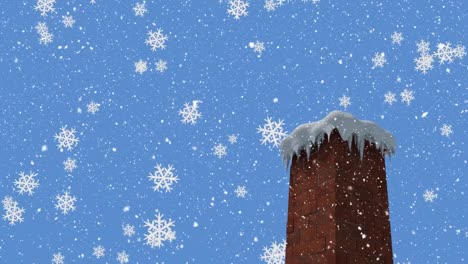 Digital-animation-of-snowflakes-falling-over-brick-chimney-against-blue-background