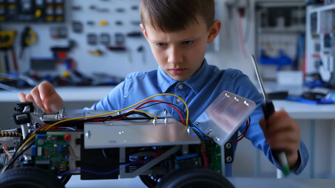 Young Boy Learning Robotics and Engineering