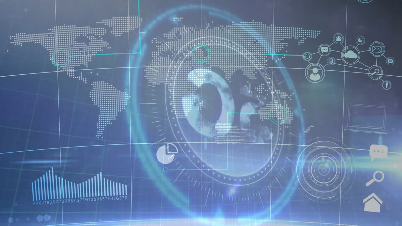 Animation of futuristic digital world map with data processing technology interface