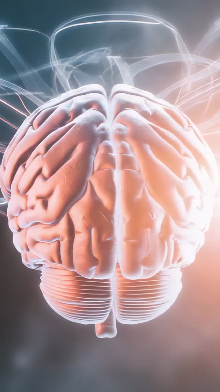 Vertical video: 3D brain model rotating in dark space as glow intensifying, pulsing neural streams