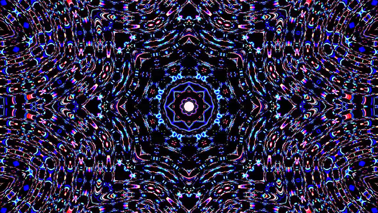 Caleidoscopio astratto con bellissime linee rosse e blu brillanti, movimento fluido e luce scintillante.
