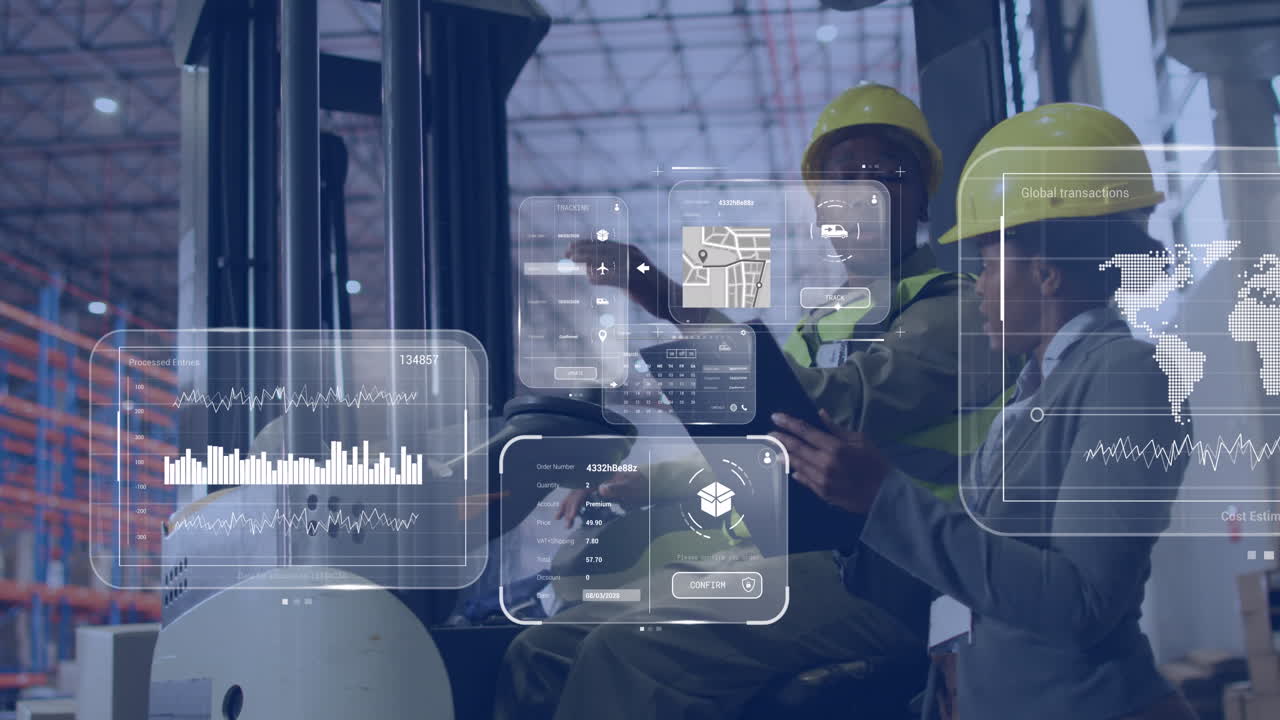 Animation of data processing on screens over diverse people working in warehouse