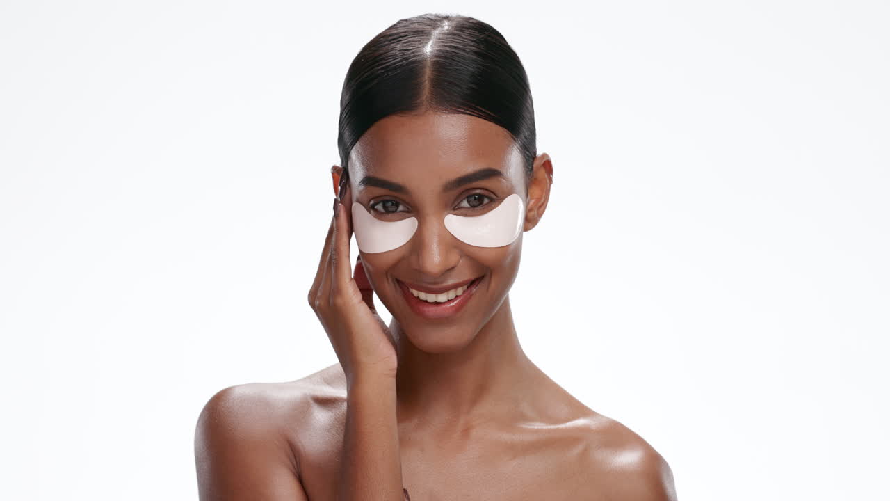 Eye mask, skincare and happy woman face