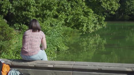 back of female tourist enjoying in front of lake in central park, new york usa