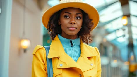 a woman wearing a yellow trench coat and a hat