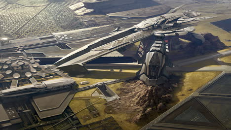 Animation-of-futuristic-military-base.-Landscape-with-hangars,-marine-barracks,-spaceships-and-central-fortress-building.-Animation-is-perfect-background-for-sci-fi-scenes.