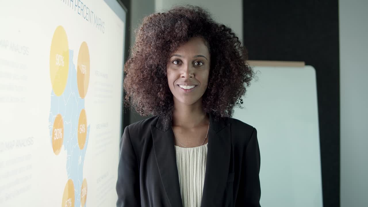 retrato de una joven y atractiva mujer de negocios afroamericana cerca de la pantalla con datos