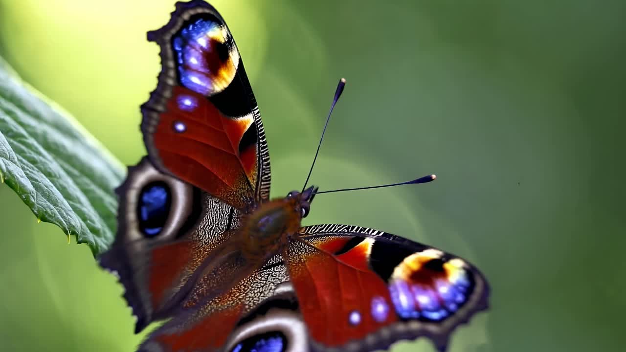 Video ravvicinato di una vivace farfalla appollaiata su una foglia, ripresa da un angolo laterale