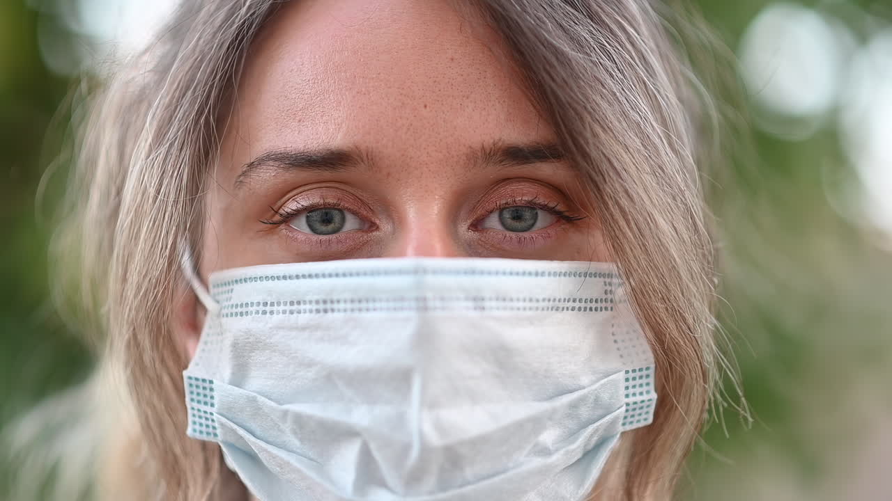 Close up of a young woman wearing a protective medical mask outdoors in soft natural light