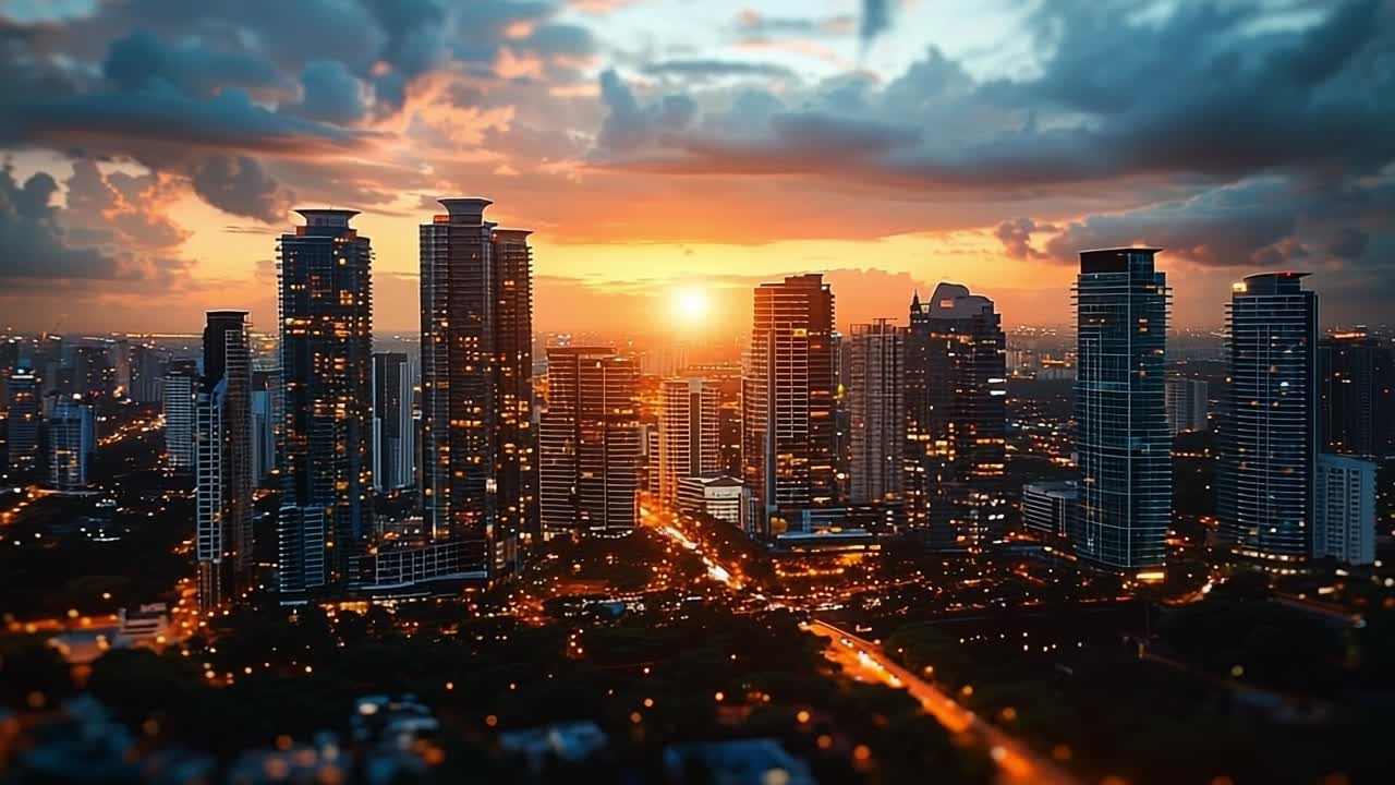 Sunset view over modern city skyline. Bright orange and purple hues fill the sky as the sun sets behind tall buildings in a bustling urban area.