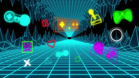 animación del procesamiento de datos sobre triángulos e iconos de juegos
