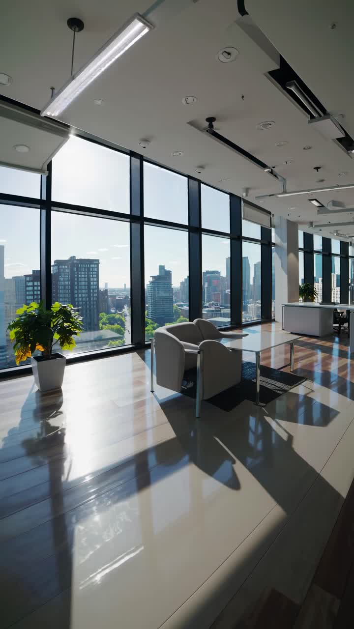 Wide-angle video shot of a modern office with large windows, sleek furniture, and cityscape views