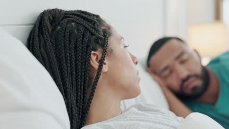woman, man sleeping and bed with suspicious ideas