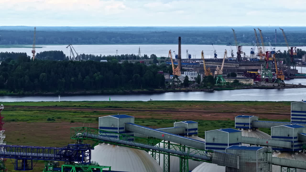 Industrial Landscape With Port Cranes At The Seaport - Drone Shot