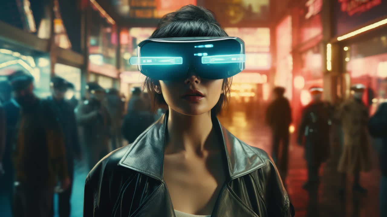 Figura Femminile Tecnologica con Visore VR, Realizzata con l'IA