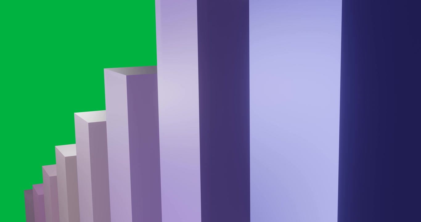 Barre 3D sfumate che si innalzano in vista prospettica, mostrando tonalità blu-violetto su sfondo trasparente.