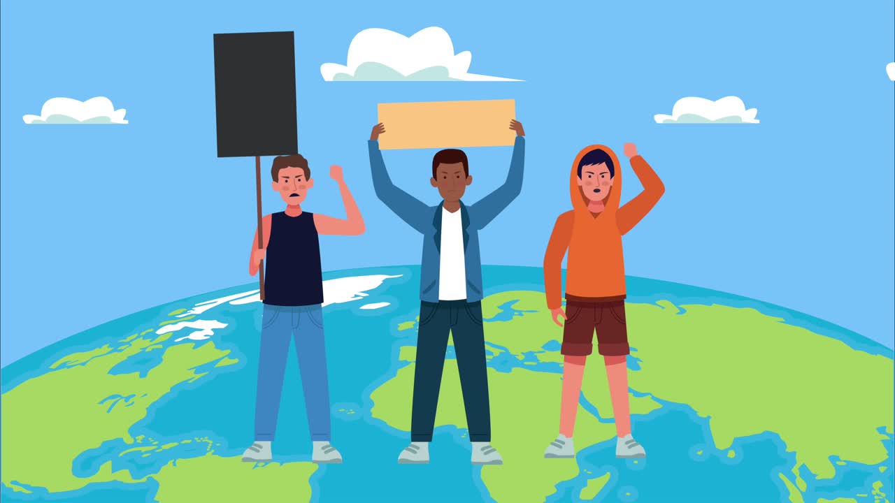 인종 간의 남자들이 지구 행성에서 발을 들고 시위를 벌이고 있습니다.