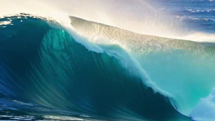 Six images of giant blue waves breaking along a coastline. The waves are curling and cresting, with white water and spray