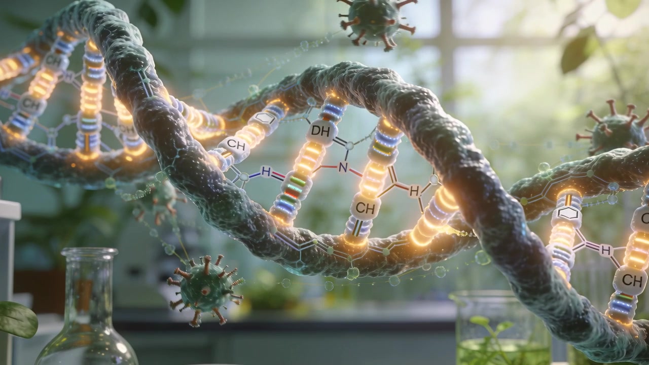 La telecamera si muove mostrando la doppia elica del DNA che ruota, brillando alla finestra del laboratorio, rivelando basi etichettate e virus.