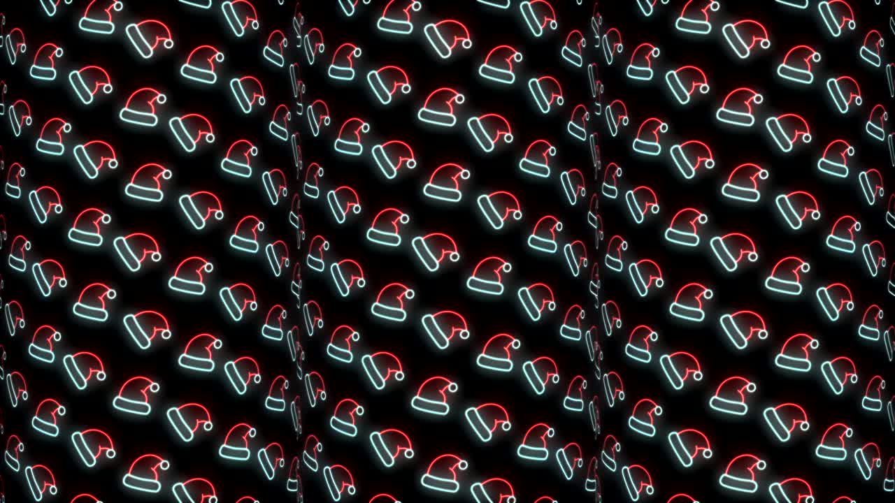 빨간색 흰색과 검은색 루핑 애니메이션에서 산타 모자의 네온 크리스마스 패턴 배경