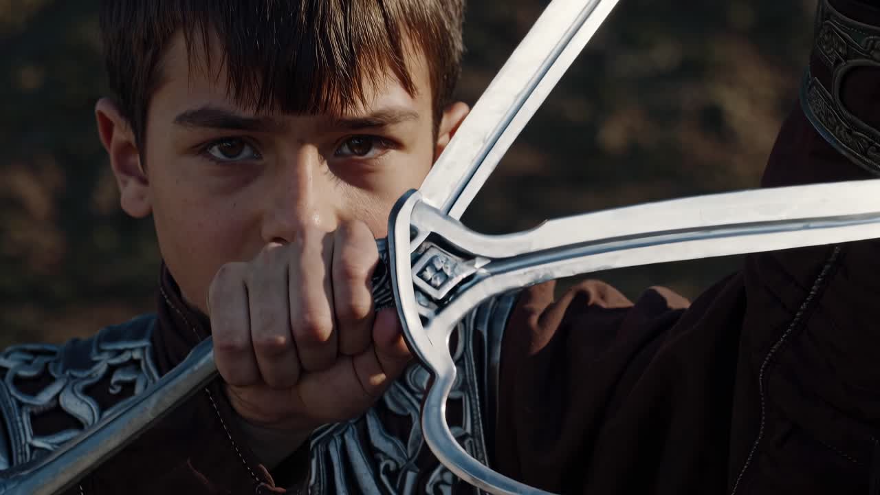 A young warrior in ornate armor gazes ahead against snow-capped mountains