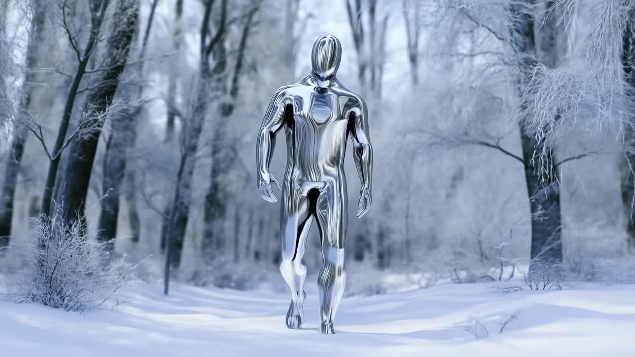 Metallisk humanoidrobot går gennem snedækket vinterkov