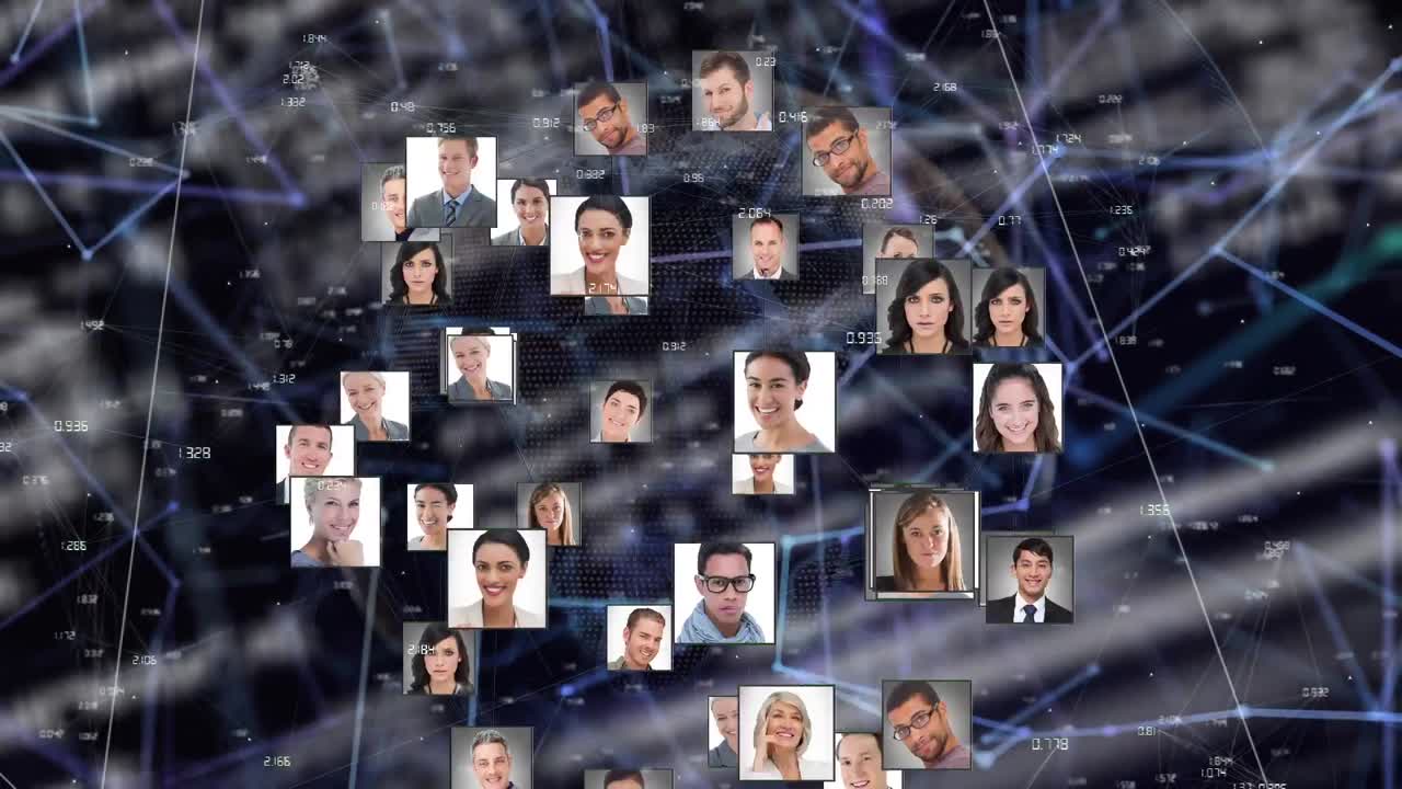 Animation of globe with network of connections and people's photos