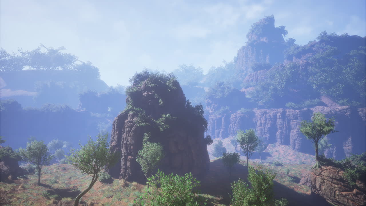 Majestic mountain landscape with lush vegetation and misty atmosphere