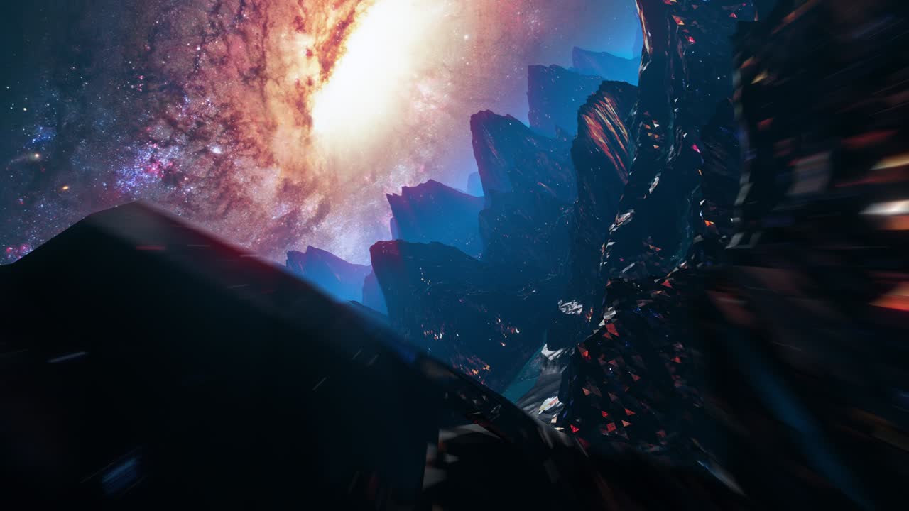 animación en 3d estilizada con montañas, espacio y vuelo a alta velocidad