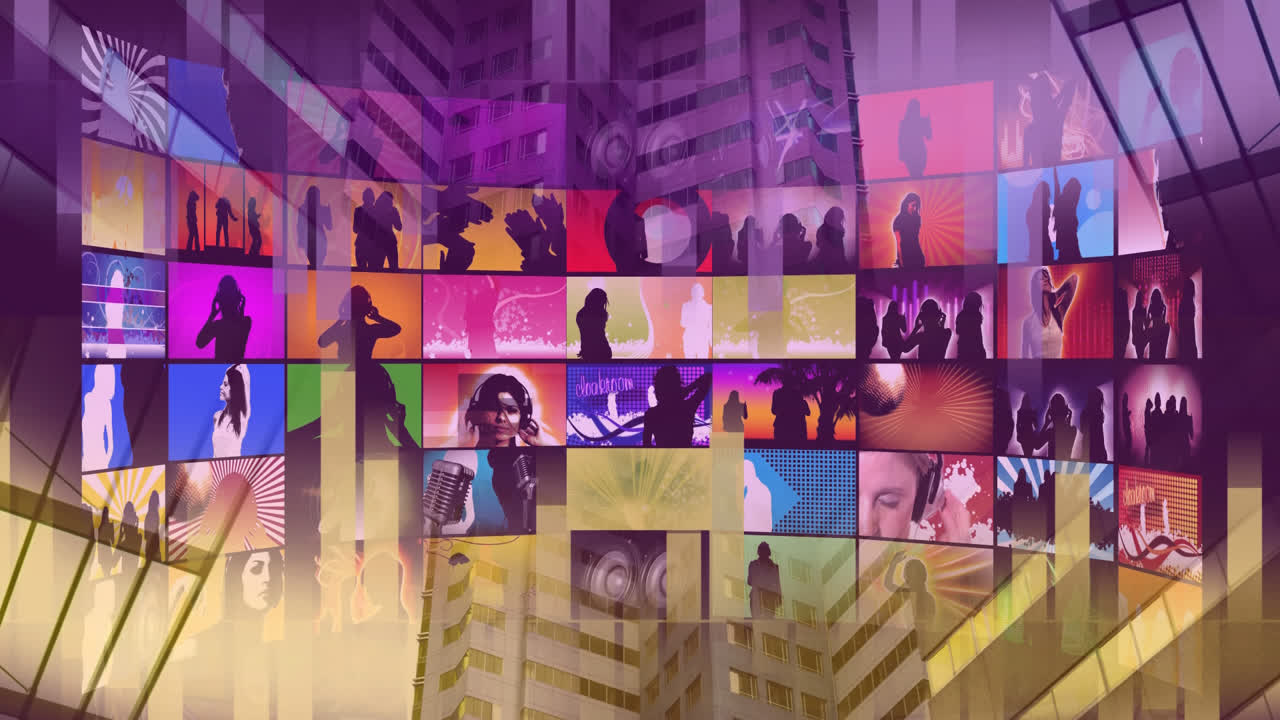 여자 들 이 춤 을 추고 있는 큰 다채로운 스크린