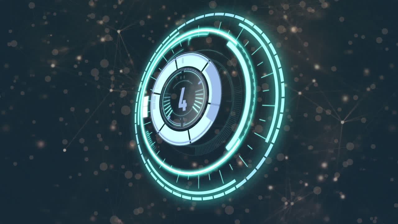 animación de escaneo de alcance con cuenta atrás a través de la red de conexiones con puntos brillantes