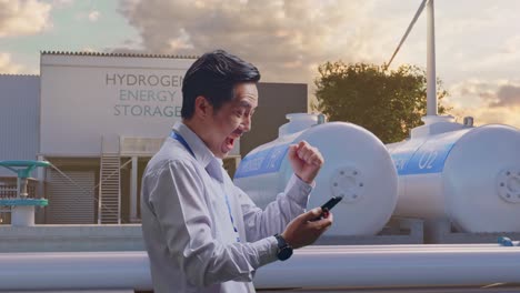 empresario emocionado en la instalación de almacenamiento de energía de hidrógeno