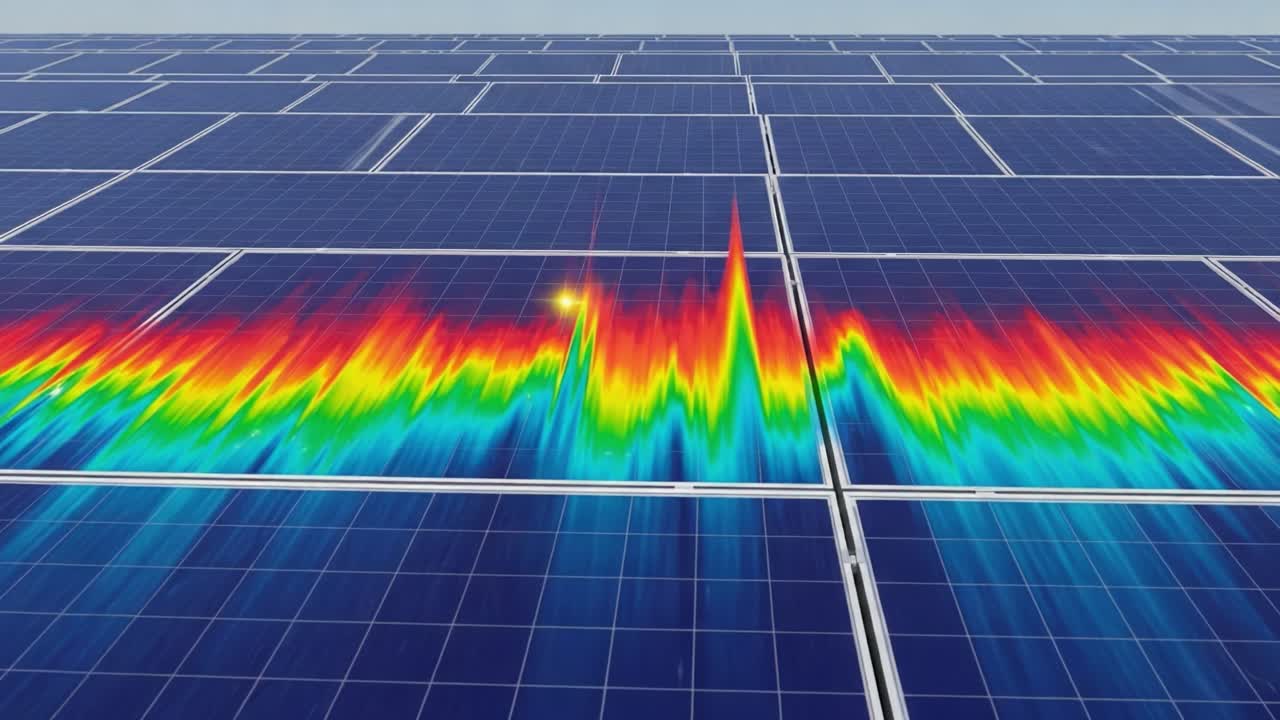 A Vibrant Visualization of Solar Energy Patterns Captured Through Spectral Analysis on a Futuristic Array of Solar Panels Under Clear Skies