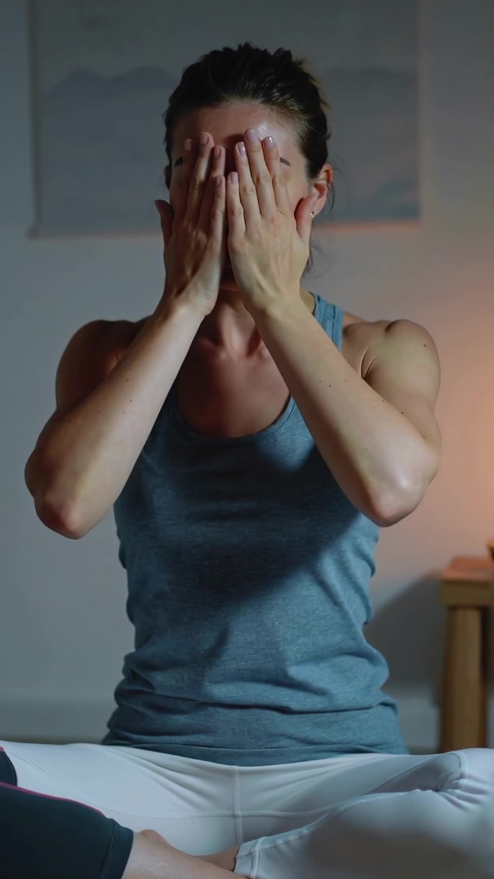 Vertical video: Breathing woman lifting hands hiding face sitting legs crossed at home tank by lamp