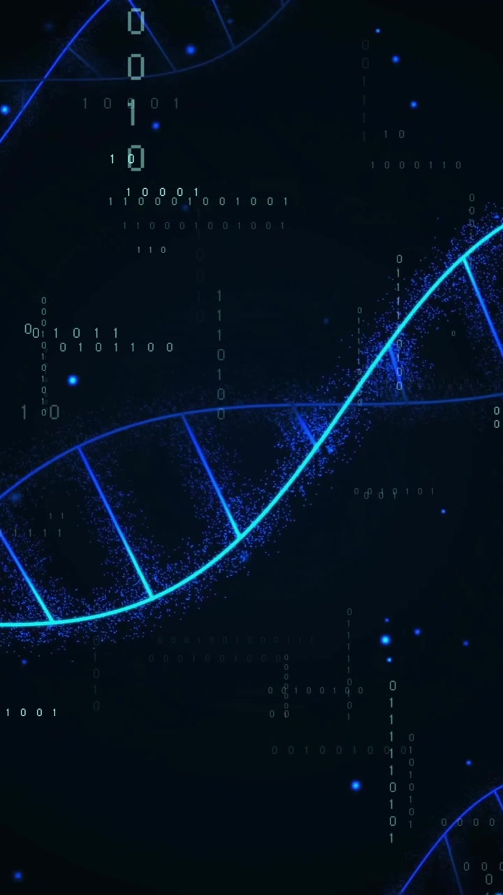 Animation of dna strands over data processing on black background
