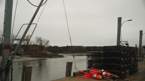 buoys and lobster traps with crane and seagulls