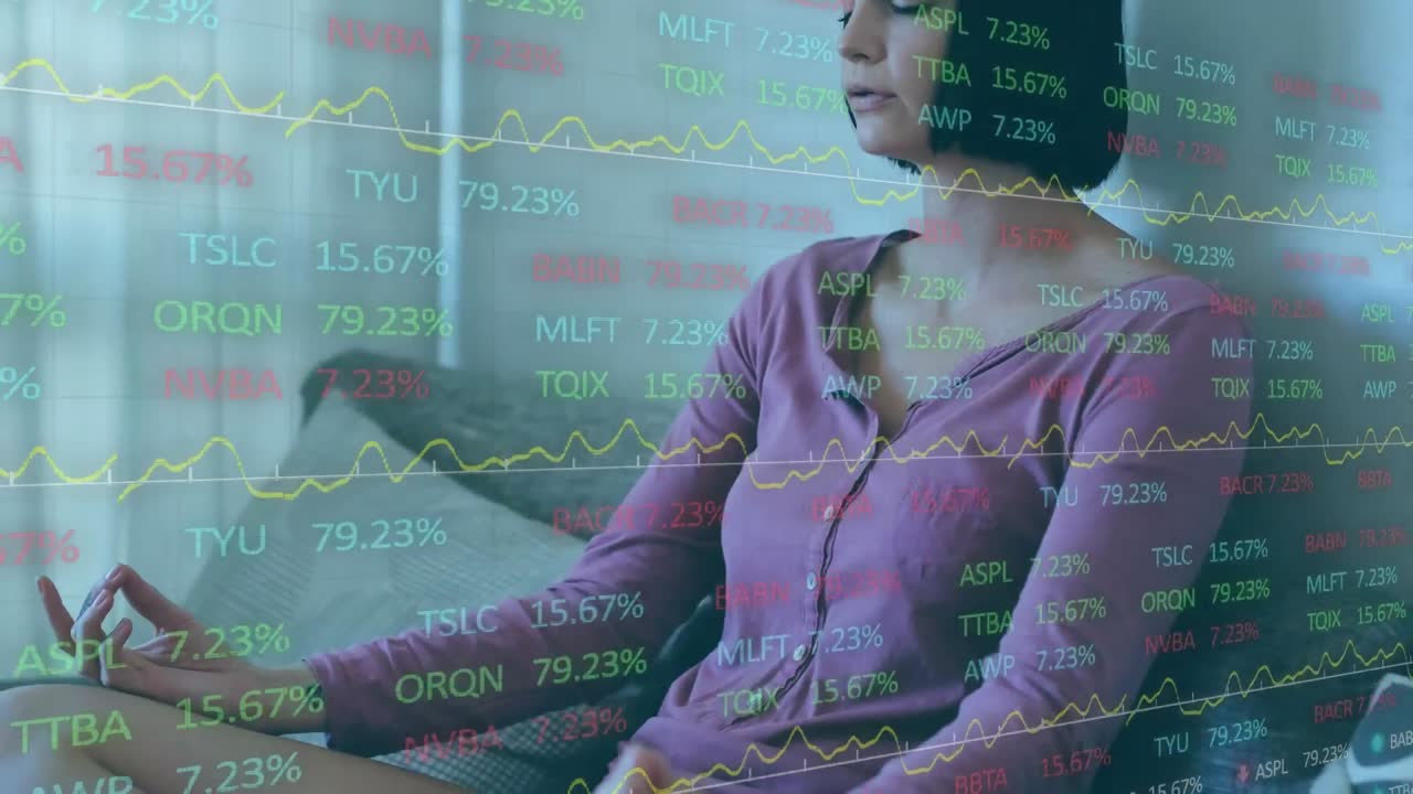 Animation of data and statistics over Caucasian woman meditating