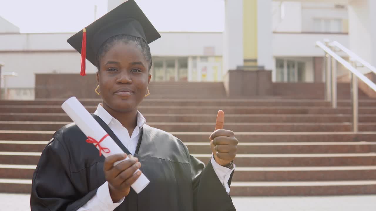Young african american female graduate standing in front of the camera with a diploma and books in her hands. The student is dressed in a black robe and a square master's hat and stands outside.