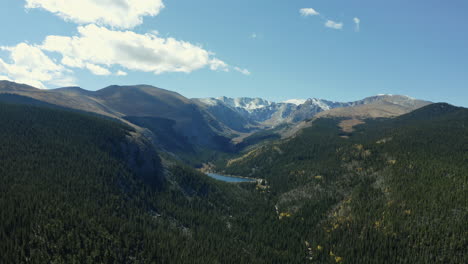 Aerial-view-orbiting-blue-alpine-forest-lake-surrounded-by-mountain-range,-4K