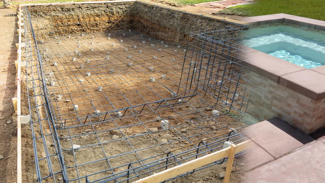 cinemagraph sin costuras de 4k de bucle de la construcción de la piscina que se desvanece hasta la piscina terminada