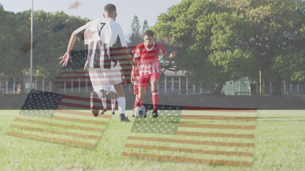 On field, soccer players kicking ball with American flag animation in background