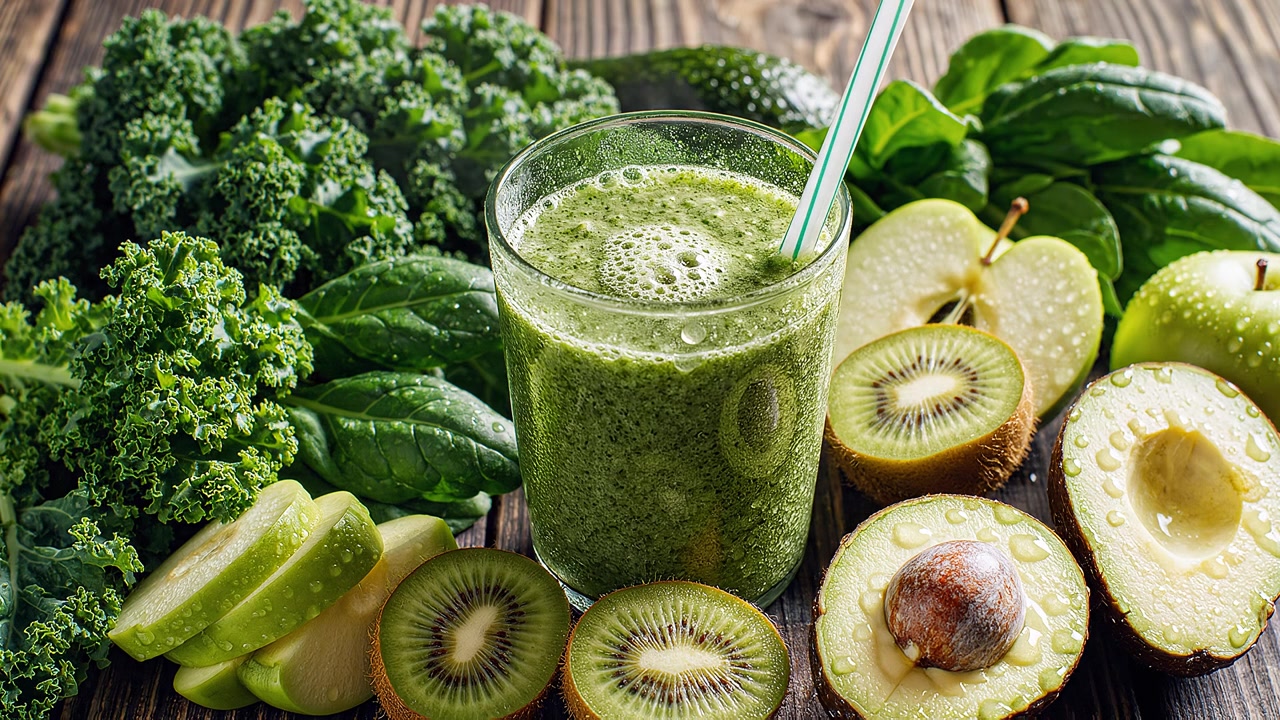 Frullato verde salutare con cavolo riccio, kiwi, avocado e mela