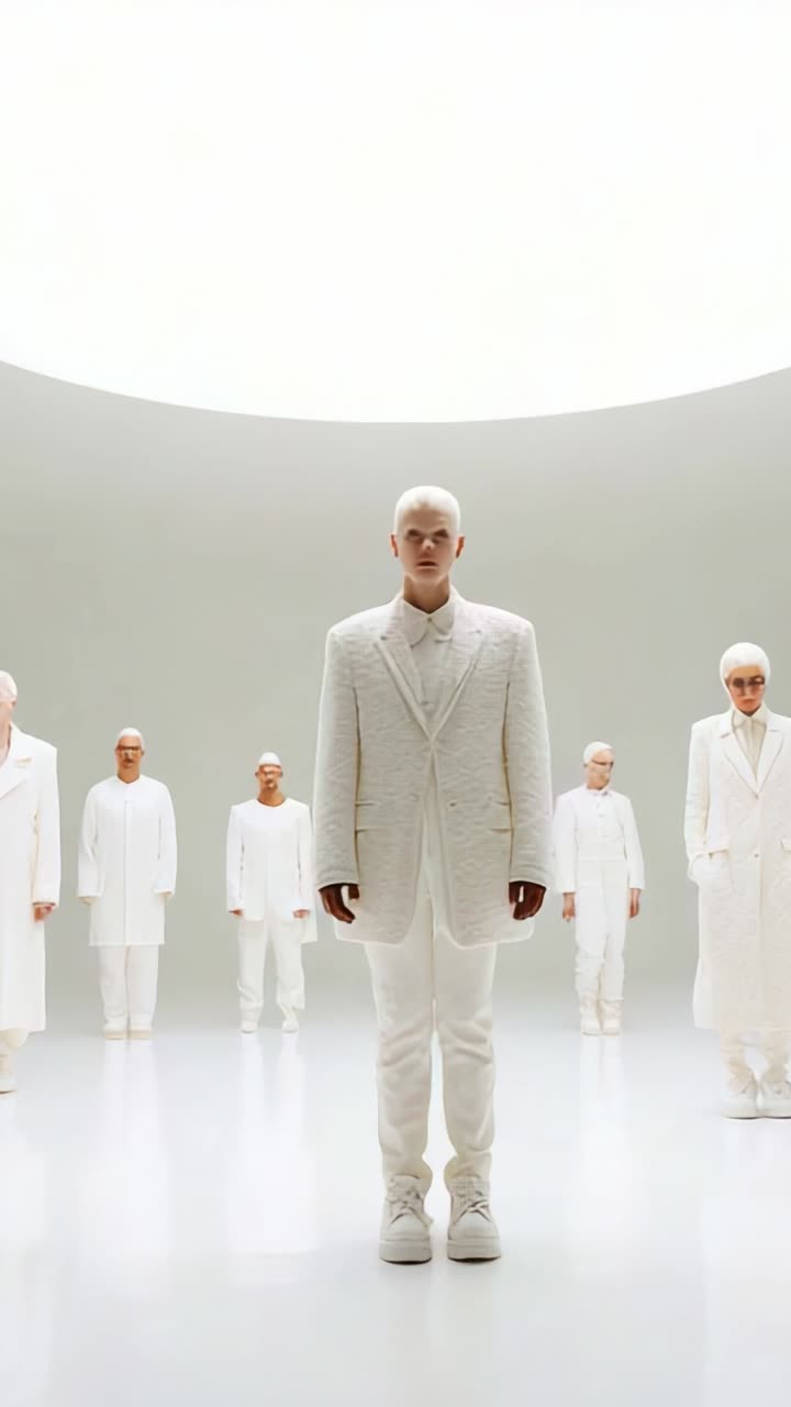A striking visual display of multiple individuals in pristine white attire, creating an ethereal and minimalist atmosphere that captivates the viewer's attention and imagination