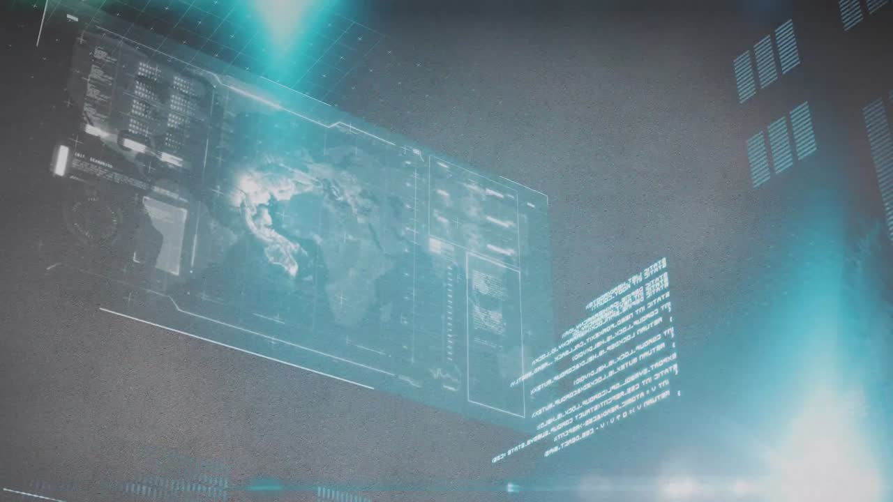 회색 배경에 녹색 빛 점 위에 데이터 처리를 가진 애니메이션 인터페이스